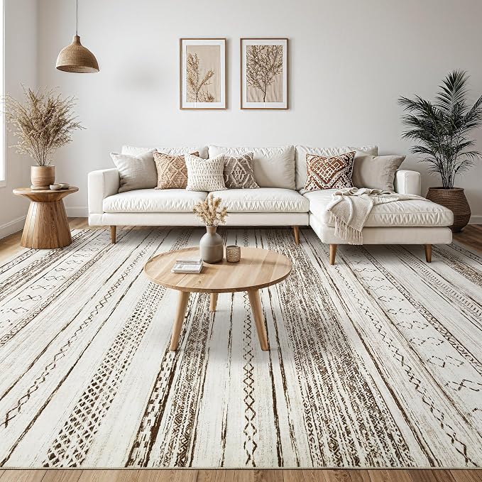 Tortania Area Rug Living Room Rugs - 12x15 Washable Large Soft Neutral Boho Moroccan Bohemian Farmhouse Rug Indoor Floor Carpet for Bedroom Under Dining Table Home Office Decor - Beige
