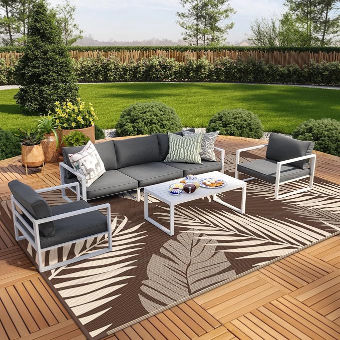 GENIMO Outdoor Rug 9' x 18' Waterproof for Patios Clearance, Reversible Outdoor Plastic Straw Camping Rug Carpet, Large Area Rugs Mats for RV, Camper, Deck, Balcony, Porch, Beach, Coffee&Beige