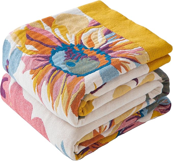 Phuryllic Boho Throw Blanket Queen Size, Oversized Soft Cozy Cotton Muslin Quilt Blanket for Bed Decor, Floral Patterned Couch Sofa Chair Cover, Vintage Farmhouse Cottage Woven Blanket, Yellow&Blue