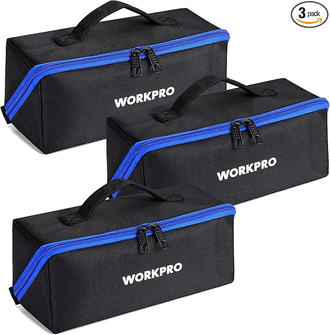 WORKPRO Tool Bag with Zipper, 10" Utility Wide Mouth Heavy Duty Tool Storage Bag, Multipurpose Zipper Tool Pouch Tote Bag for Organizer 3-pack
