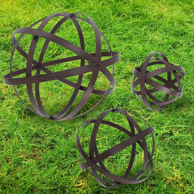 Kunjocy 3 PCS Garden Spheres Balls Assorted Size Distressed Metal Band Decorative Sphere Folding Orbs Sculpture for Outdoor Indoor Decorations 7" 10" 12" Diameter (Rusty)