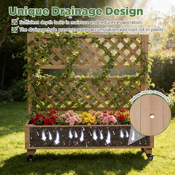 Raised Garden Bed with Wheels Outdoor, Large Garden Planter Box Tomato Flower Pots Cages with Standing Diamond Lattice Trellis for Vegetables Vines Herbs Fruits & Climbing Plants (Rhombic Grid))
