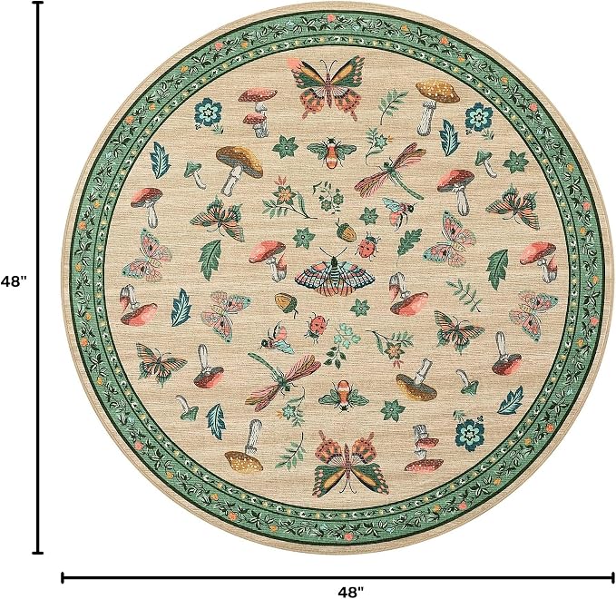 Mushroom Insect 4ft Round Rug Washable Non-Slip Soft Ultra-Thin Small Boho Circle Carpet for Entryway Kitchen Bedroom Nursery Dining Room Khaki Green