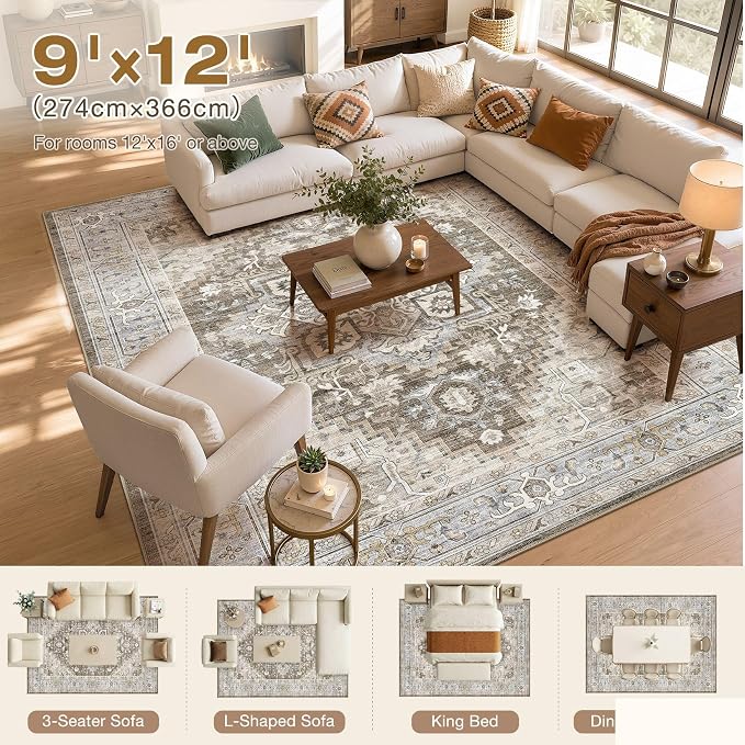 DTICON Vintage Washable 9x12 Area Rug Living Room Rugs, Brown Gray | Boho Distressed, Pet & Kid Friendly, Non-Slip Backing, Soft Polyester, Low-pile Carpet for Living Room, Bedroom, Dining Room