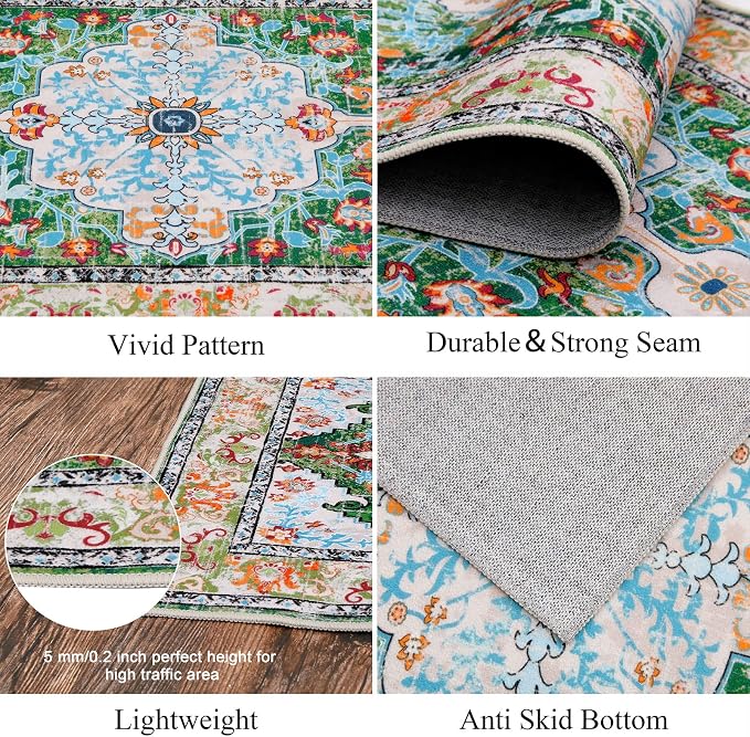 U'Artlines 2' x 8' Boho Hallway Runner Rug Non Slip Washable Runners,Green | Vintage Farmhouse Kitchen Rug Accent Area Carpet for Entryway Laundry and Living Room