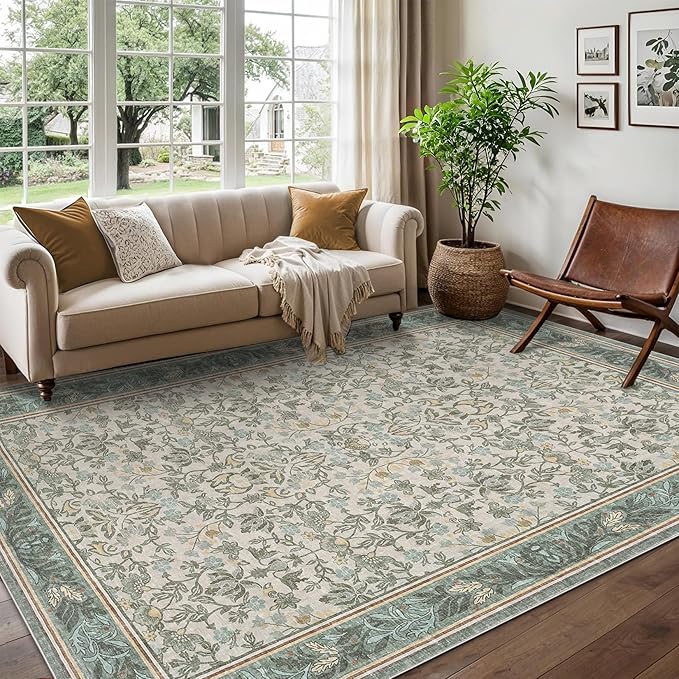 GarveeHome 8x10 Area Rugs for Living Room: Washable Bedroom Rug Sage Green | Boho Vintage Non Slip Soft Low Pile Stain Resistant Indoor Carpet for Farmhouse Dining Room Nursery Home Office