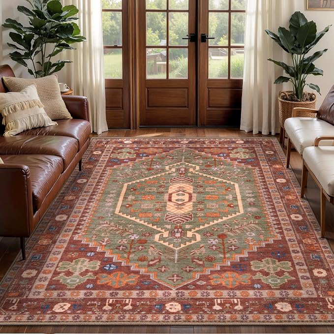 Ciicool Washable 4x6 Area Rug,Boho Non-Slip Indoor Mat for Entryway Kitchen | Oriental Low-Pile Soft Vintage Boho Indoor Entry Carpet for Bedroom Bedside Living Room Laundry Bathroom Dining Room