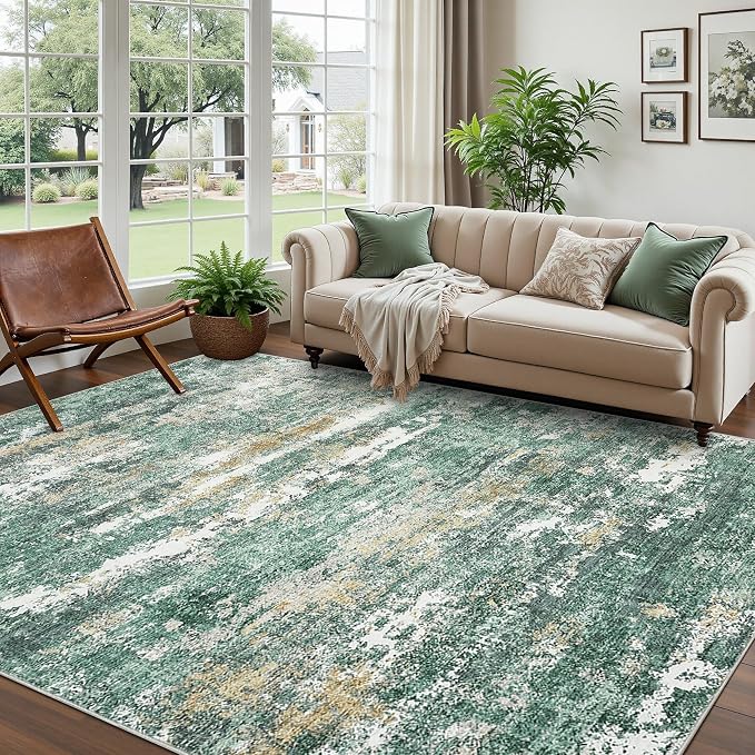 ROYHOME Abstract Rugs 10x14 Washable Modern Area Rug Stain Resistant, Green | for Living Room Soft Carpet with Non-Slip Backing for Bedroom Dining Table Nursery
