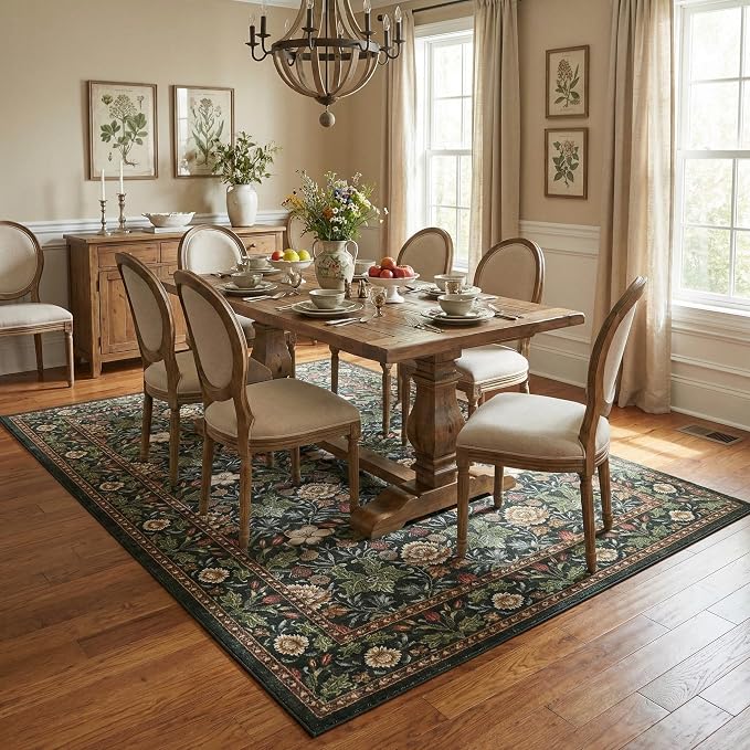 GarveeHome Green Washable Area Rug 5x7, Retro Floral Low Pile Non Slip Living Room Rug Soft Cottage Core Rug Farmhouse Indoor Carpet for Bedroom Dining Room Playroom