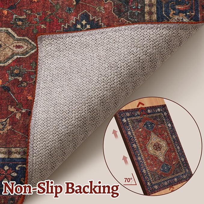Tangsoo Red 2x5 Washable Runner Rug for Hallways, Non Slip Runner Rugs | Oriental Soft Low Pile 2x5 Rug Runner, Vintage Boho Print Carpet Runners for Entryway Bedroom Kitchen Bathroom Living Room