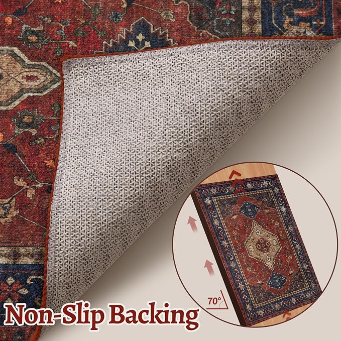 Tangsoo Red 5x7 Washable Area Rugs for Living Room, Oriental Non Slip Rug | Vintage Indoor Large Rug, Boho Print Carpet, Soft Low Pile Foldable Floor Rugs for Bedroom Dining Room Red Beige Home Decor