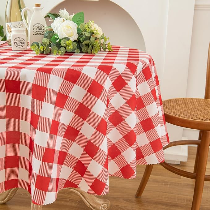 Waterproof Plaid Tablecloth Fabric - Round 90 Inch Classic Gingham Checker Table Cloth for Indoor/Outdoor Use - Buffalo Table Cover for Picnics, BBQs, and Parties