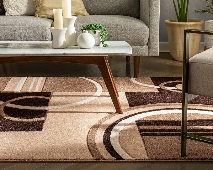Well Woven Ruby Echo Shapes & Circles Geometric Ivory and Beige 5 by 7 Rug - Abstract Modern Thick Pile Carpet, Soft Durable Easy Care Floor Covering, Contemporary Neutral Geometric Pattern