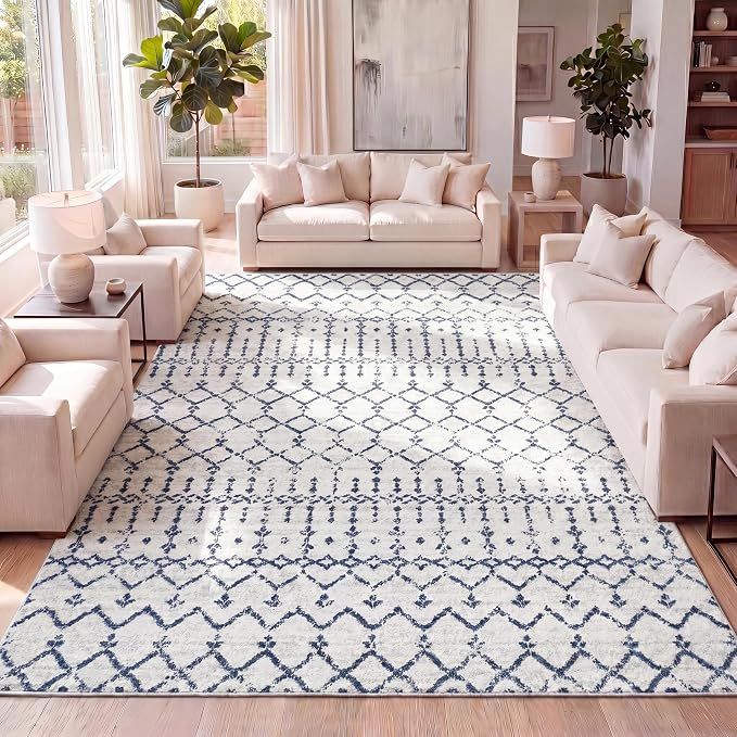 JONATHAN Y Boho Vintage Diamond Cream/Navy Indoor Area Rug 8X10 ft, Moroccan Hype for Living Room, Bedroom, Kitchen, Office, Easy-Cleaning, High Traffic, Pet-Friendly, Non-Shedding (MOH101F-8)