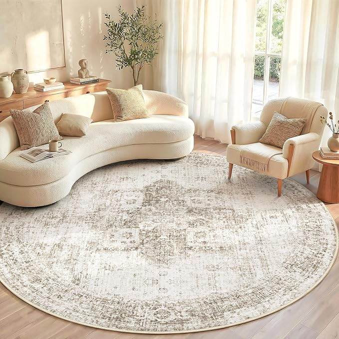 Round Rugs 6ft Washable Rug, Vintage Boho Medallion Rugs Non-Slip Soft Low Pile Circle Distressed Rug Indoor Retro Carpet for Living Room Bedroom Dining Room Home Office (Taupe, 6' Round)