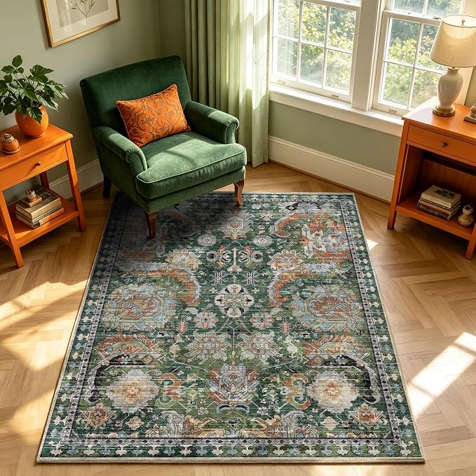 Washable Area Rugs - Perfect for Living Room, Bedroom, Kids Room, Nursery - Stain & Water Resistant Non-Slip, Pet & Child Friendly, Vintage Tribal Area Rugs (Green, 4' x 6')