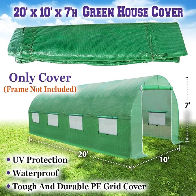 Greenhouse Replacement Covering for Outdoor Larger Hot Garden House , Support Arch Frame Climbing Plants/Flowers/Vegetables (20' X 10' X 7', Cover)