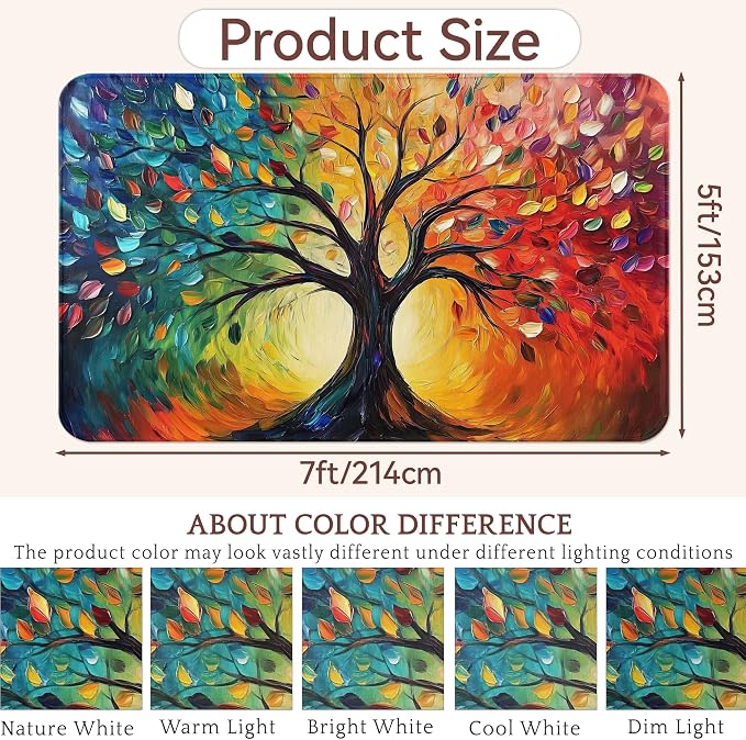 Tree of Life Washable Area Rugs 5x7,Colorful Abstract Leaves Area Rug for Living Room Bedroom,Indoor Non-Slip Large Throw Carpet for Kitchen Entryway Bathroom Office