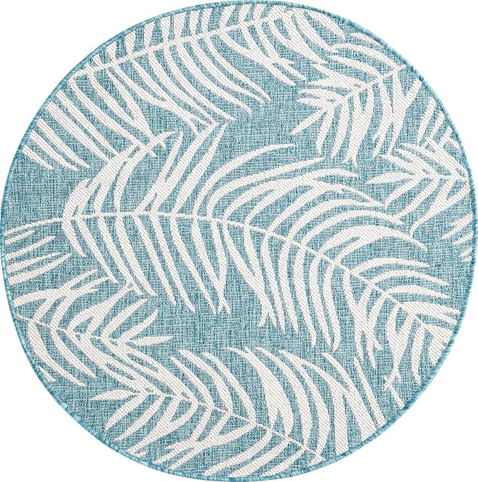 Unique Loom Outdoor Botanical Collection Area Rug - Palm (4' 1" Round, Light Aqua/ Ivory)