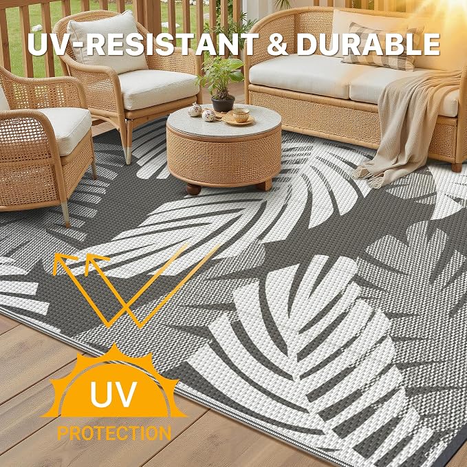 GENIMO Waterproof Outdoor Rug 6' x 9' for Patio Decor, Reversible Plastic Straw Area Rugs for Camping Clearance, RV Mat, Large Outside Carpet for Porch, Deck, Picni, Balcony, Garden, Grey & White