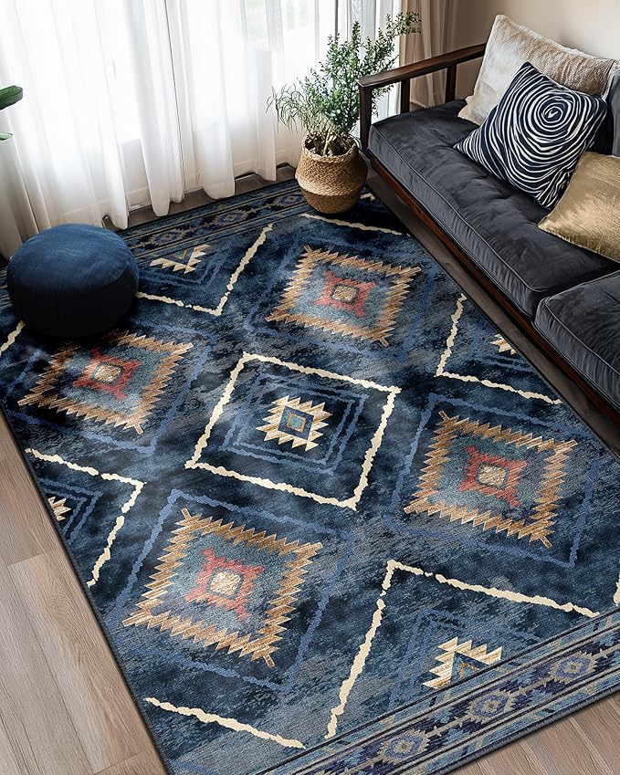 5'x7' Washable Area Rug for Living Room Bedroom Darkblue | Soft Western No Slip Low Pile Print Foldable Indoor for Kitchen Dining Room