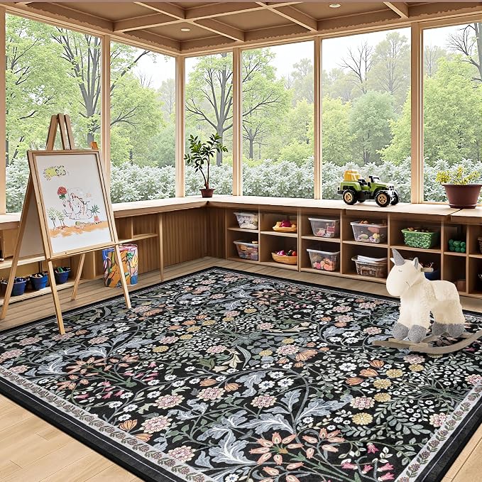 PLHXFR Area Rug Living Room: 5x7 Floral Washable Boho Carpet Dark Black | For Bedroom Dining Room Farmhouse Nursery Hallway,Vintage Floral,Machine washable,Non Slip,Stain Resistant,Large Indoor