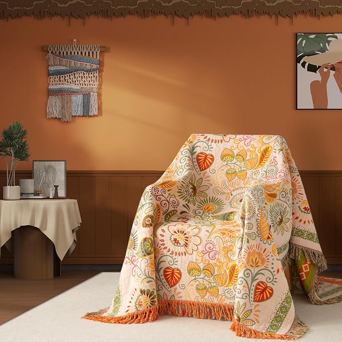 Phuryllic Boho Throw Blanket Queen Size, Oversized Soft Cozy Cotton Muslin Quilt Blanket for Bed Decor, Floral Patterned Couch Sofa Chair Cover, Vintage Farmhouse Cottage Woven Blanket, Coral&Green