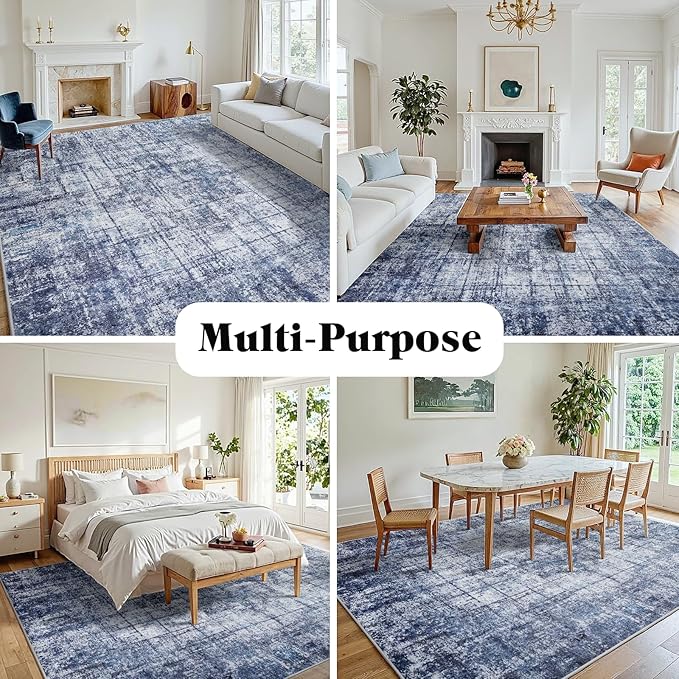 8x10 Washable Area Rug for Living Room Bedroom: Non-Slip Modern Navy Blue | Machine Washable TPR Backing, Stain-Resistant Low Pile, Pet & Kid Friendly, Abstract Decor for Dining Room, Dorm, Home Office