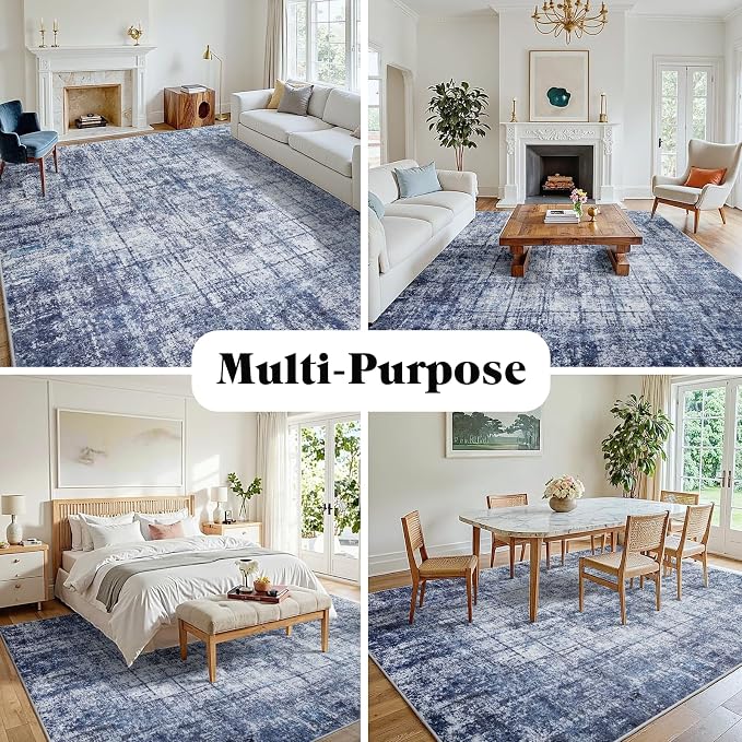 9x12 Washable Area Rug for Living Room Bedroom: Non-Slip Modern Navy Blue | Machine Washable TPR Backing, Stain-Resistant Low Pile, Pet & Kid Friendly, Abstract Decor for Dining Room, Dorm, Home Office
