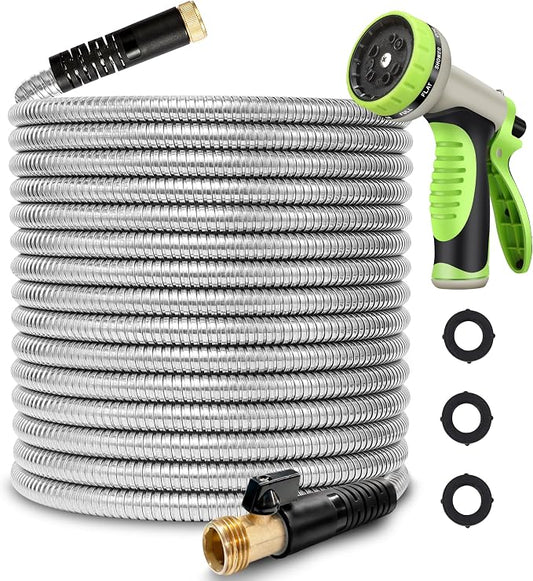 50FT Metal Garden Hose 304 Stainless Steel Flexible Water Hose - No Kink & Tangle Heavy Duty Pipe with Nozzle, Durable 3/4 Brass Fittings and Valve - Rust Proof Puncture Proof for Yard Lawn