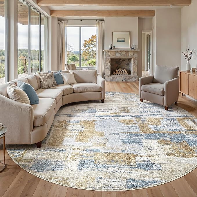 kakania Abstract 12x12 Round Rugs for Living Room: Circle Rugs 12FT Blue | Washable, Soft, Non-Slip, Low-Pile, Pet & Kid Friendly - Large Modern Home Decor Carpet for Bedroom/Dining Room/Nursery