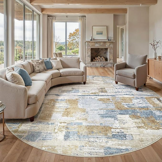 kakania Abstract 12x12 Round Rugs for Living Room: Circle Rugs 12FT Blue | Washable, Soft, Non-Slip, Low-Pile, Pet & Kid Friendly - Large Modern Home Decor Carpet for Bedroom/Dining Room/Nursery