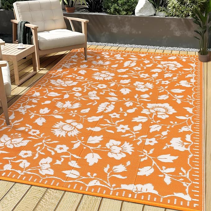 Garvee 6x9 RV Outdoor Rug Waterproof, Floral Outdoor Plastic Straw Rug with Portable Bag, Vintage Foldable Reversible Outside Rugs for Picnic Backyard Deck Balcony Porch Beach Camper, Orange