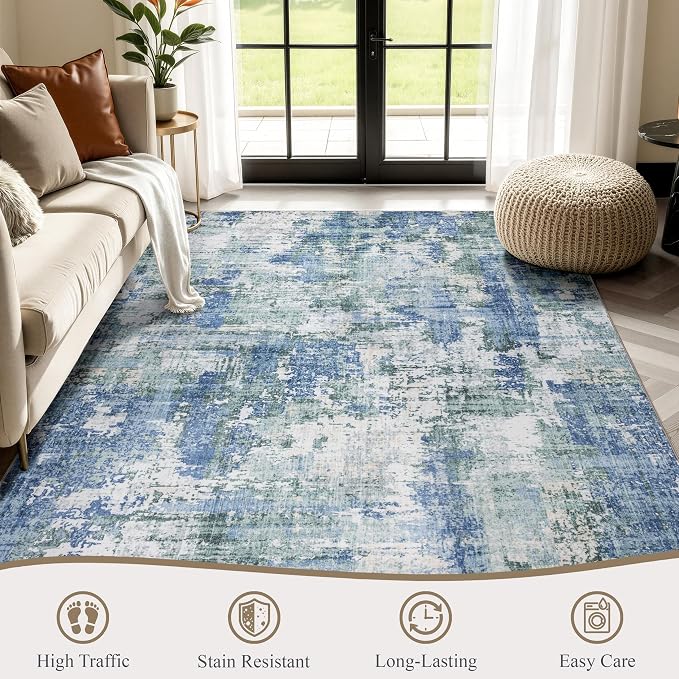 Sasttie 4x6 Washable Area Rug, Modern Abstract Carpet, Blue & Green | Ultra-Soft Faux Wool, Low Pile, Non-Slip, Lightweight, Thin, for Living Room, Bedroom, Dinning Room & Dorm