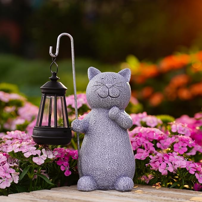 Qeeman Solar Cat for Garden Decor: Weatherproof Resin Statues | Warm Glow Lantern Outdoor Decoractions for Yard Pathway Patio Porch Balcony Front, Gifts for Mom Grandma Lovers