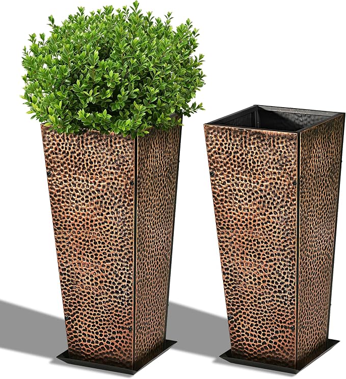 BAYN 2-Pack 24" Tall Metal Planter – Hand-Hammered Textured Large Bronze Flower Pots Box with Saucer for Outdoor&Indoor, Garden, Porch, Patio, Yard with Pre-Drilled Drainage Holes