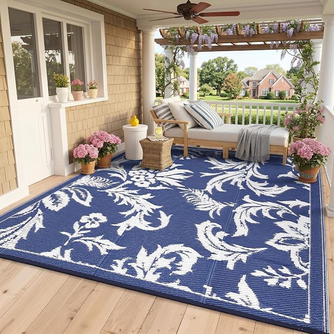 IDEALHOUSE Waterproof Outdoor Rug 9x12 for Patio, Foldable Reversible Area Rug, Large Plastic Straw Mat for Camping, RV, Porch, Backyard, Picnic, Beach, Blue & White