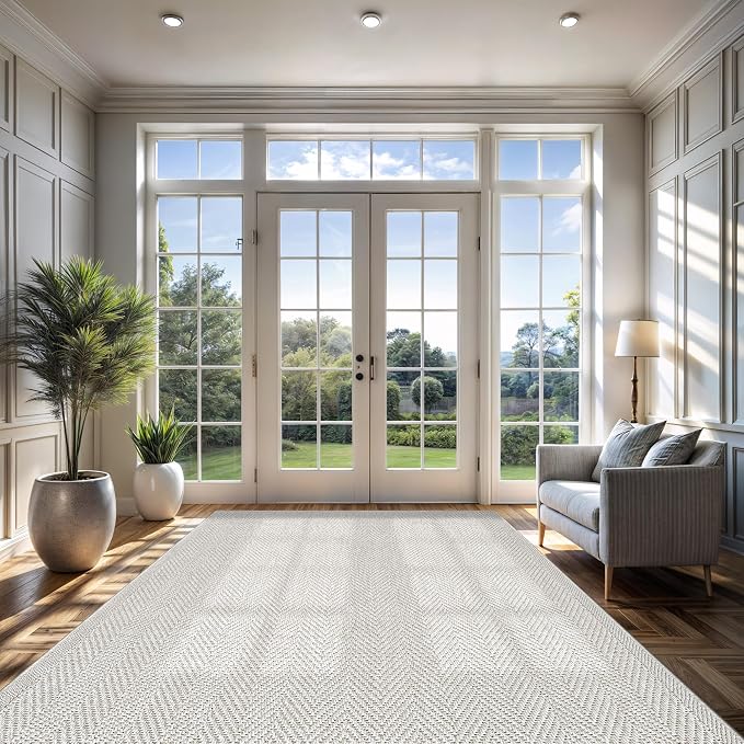CAMILSON Easy Jute Rug 9x12, Indoor Outdoor Off-White Color Fiber Area Rugs for Living Room and Patio Rug Herringbone Seagrass Boho Woven Design Easy-Cleaning Washable Outside Carpet Alfombras 9 x 12