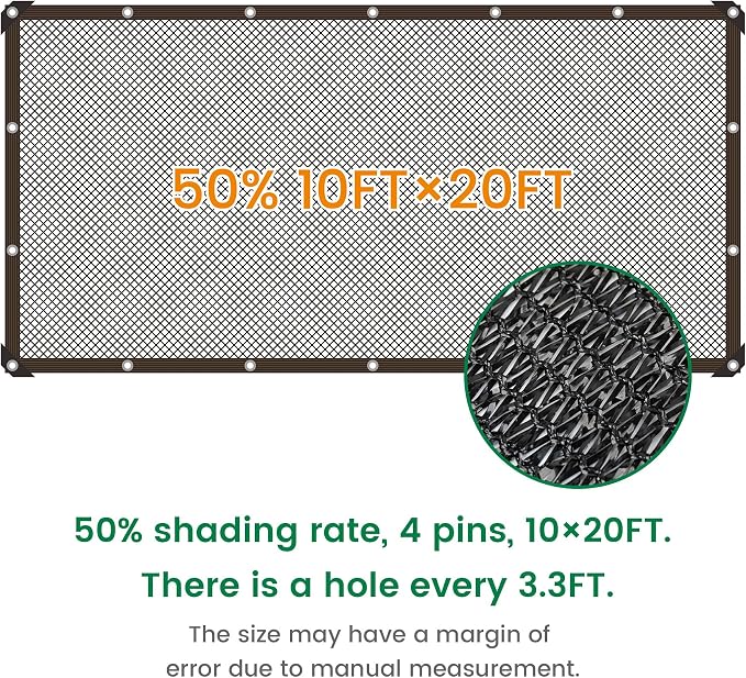 50% 10 X 20 FT Black Shade Cloth, Outdoor Woven Sun Shade with Grommets, Durable Breathable Netting Shading Antifreezing for Patio, Garden, DIY Home, Plants Cover, Greenhouse, Dog Kennel