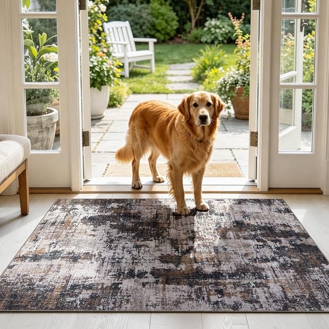 Sasttie 3x5 Entryway Area Rug, Modern Abstract Small Carpet, Black & Brown | Machine Washable, Ultra-Soft Faux Wool, Non-Slip, Low Pile, Throw, Thin, for Entrance, Door-Mat, High-Traffic Areas