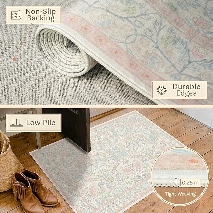 Washable Blue and Pink Rug 5x7 - Baby Girls Nursery Rug Non Slip, Soft Pastel Kids Playroom Decor Carpet, Light Blue and Green Oushak Floral Bedroom Living Room Dorm Carpet (Green and Pink)