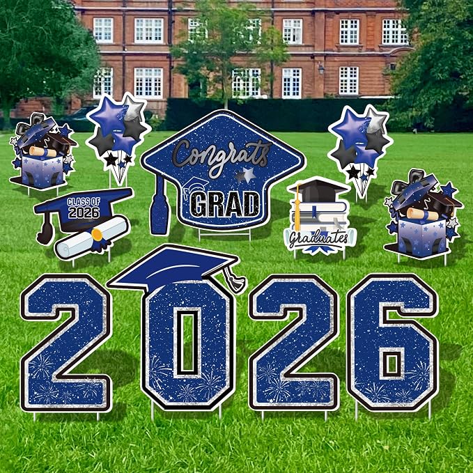 Large 11 PCS Graduation Yard Signs, Class of 2026 Congrats Grad Outdoor Lawn Yard Sign with Stakes, Graduate Yard Decorations for College High School Party, Black and Blue