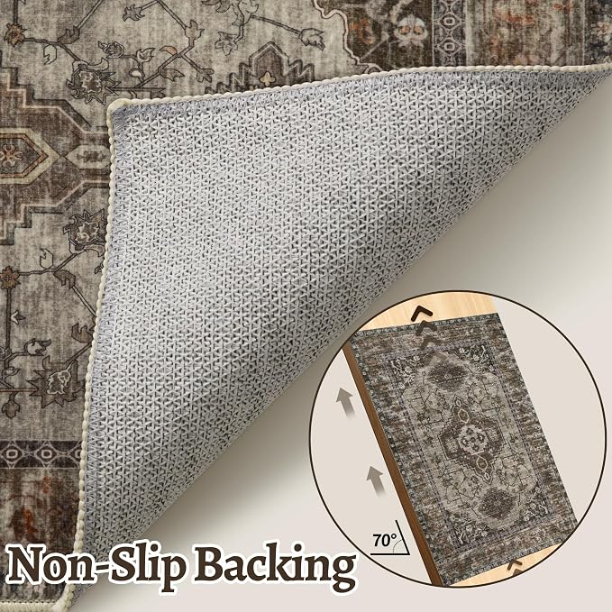 Tangsoo Vintage 2x3 Washable Entryway Rugs, Non Slip Small Area Rug | Oriental Indoor Front Door Rug, Boho Print Door Mat Low Pile Throw Rugs for Entrance Entry Kitchen Bedroom Bathroom Grey
