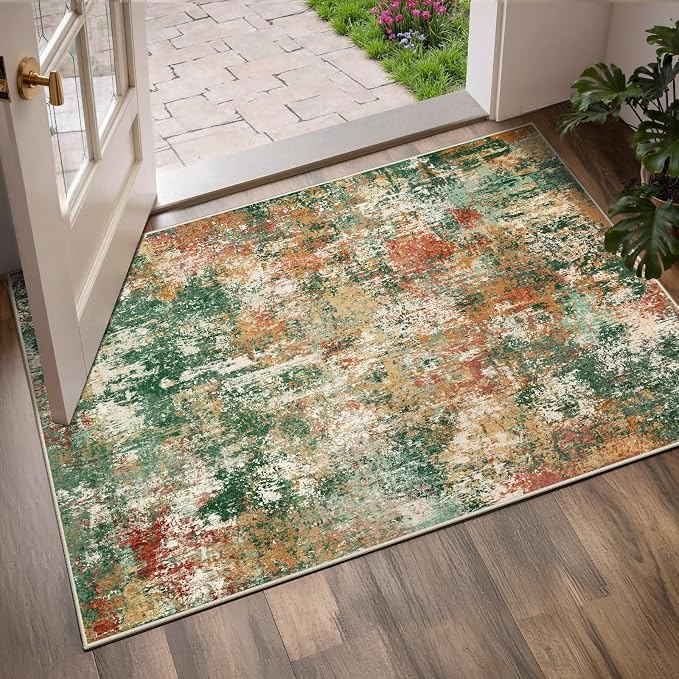 RELEANY Washable 3'x5' Abstract Area Rug for Living Room Green Multi | Carpet for Bedroom, Kitchen, Office, Hallway and Entryway, Printed Pattern, Non‑Slip, Soft, Stain‑Resistant, Easy to Clean