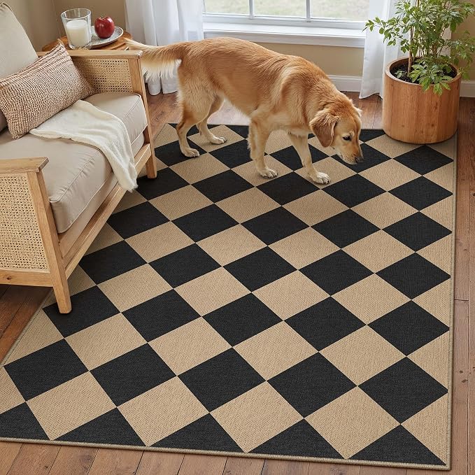 PureCozy 3x5 Checkered Easy Jute Outdoor Patio Rug Washable Area Rugs for Living Room Entryway Diamond Indoor Outdoor Mat Farmhouse Neutral Non Slip Black Door Carpet for Backyard Bedroom