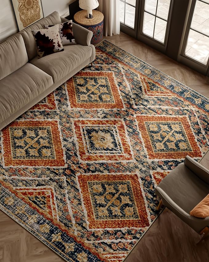 Area Rug 8x10 Rug Machine Washable Non-Slip Low Pile Print Pattern Western Rug for Living Room Bedroom Entryway Tribal Series -Orange/Brown | Soft Western No Slip Low Pile Print Foldable Indoor for Kitchen Dining Room