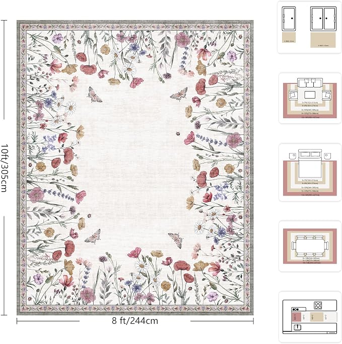 8x10 Area Rugs, Machine Washable Low Pile Floral Rugs for Living Room, Bedroom, Large Area Rug with Non-Slip Backing for Dining Room(Classic Beige)