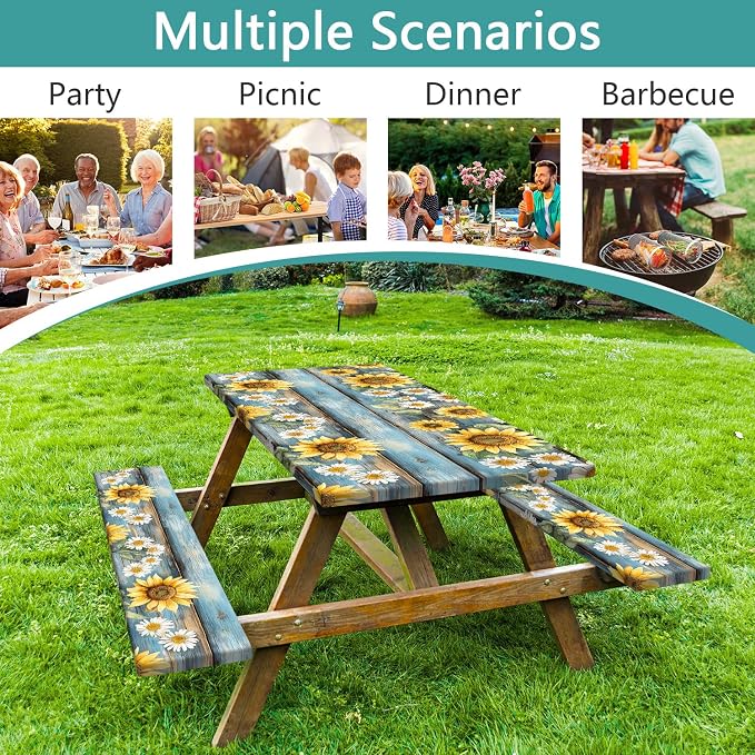 Wooden Floral Picnic Table Cover with Bench Covers Camping Essentials Waterproof Windproof Camping Outdoor Tablecloth with Drawstring Bag, Fitted Rectangle Tables and Seats, 30X96 inch