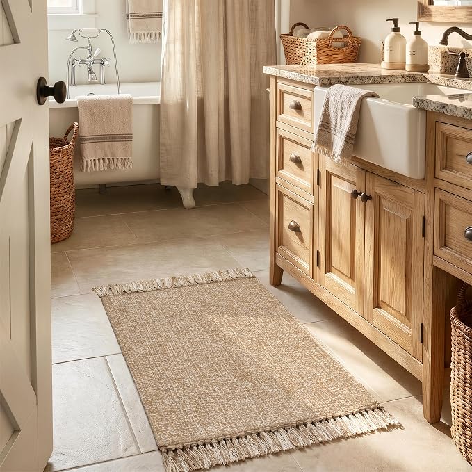 Boho Small Bathroom Rug 2' x 3', Modern Farmhouse Rugs for Entryway | Hand-Woven Washable Kitchen Mat, Tan/Cream Low Profile Front Door Mat, Reversible Jute Porch Carpet for Laundry Bedroom