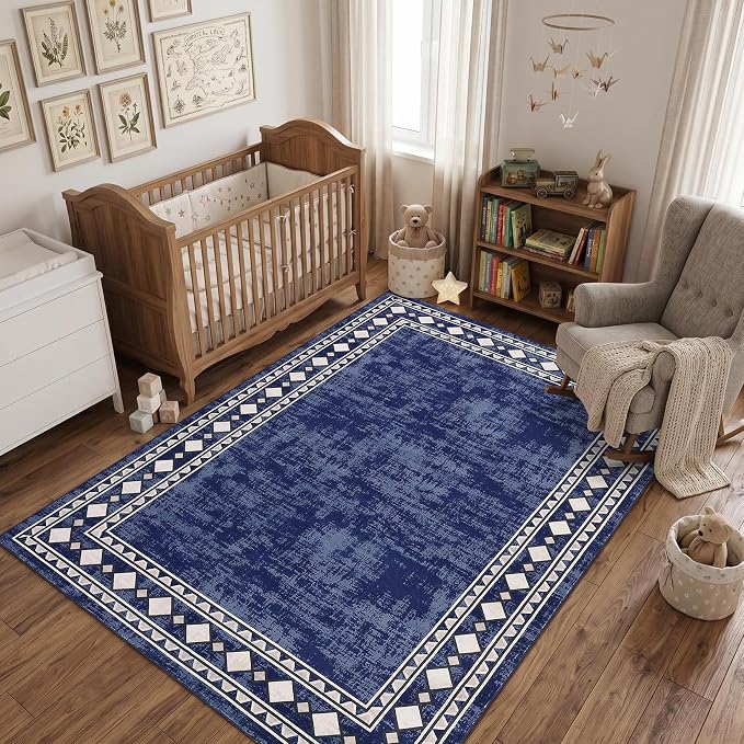 Garvee 8x10 Vintage Border Washable Rugs for Living Room Bedroom Rug, Blue | Boho Area Rug Stain Resistant Easy Cleaning Throw Rugs Low Pile Floor Cover for Nursery Dining Room Apartment